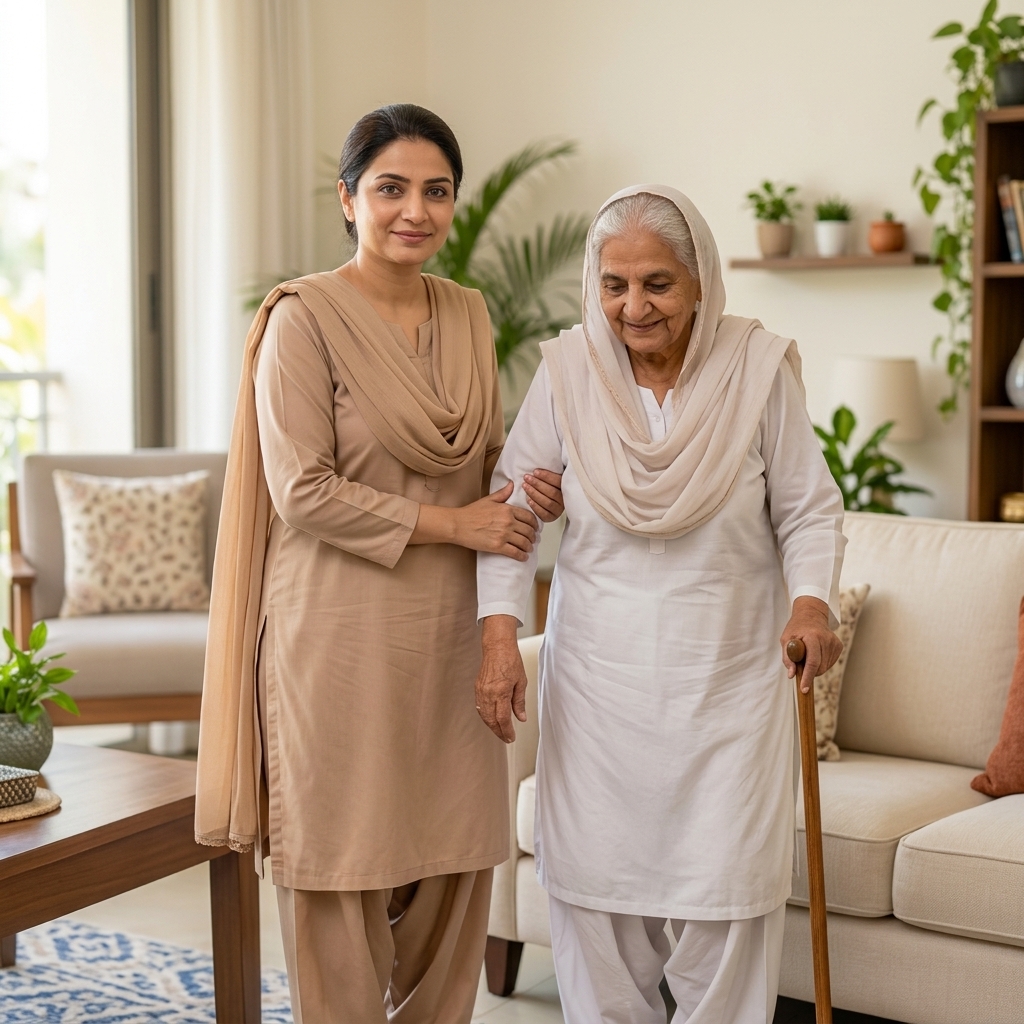 GharSaathi caretaker helping an elderly woman walk at home