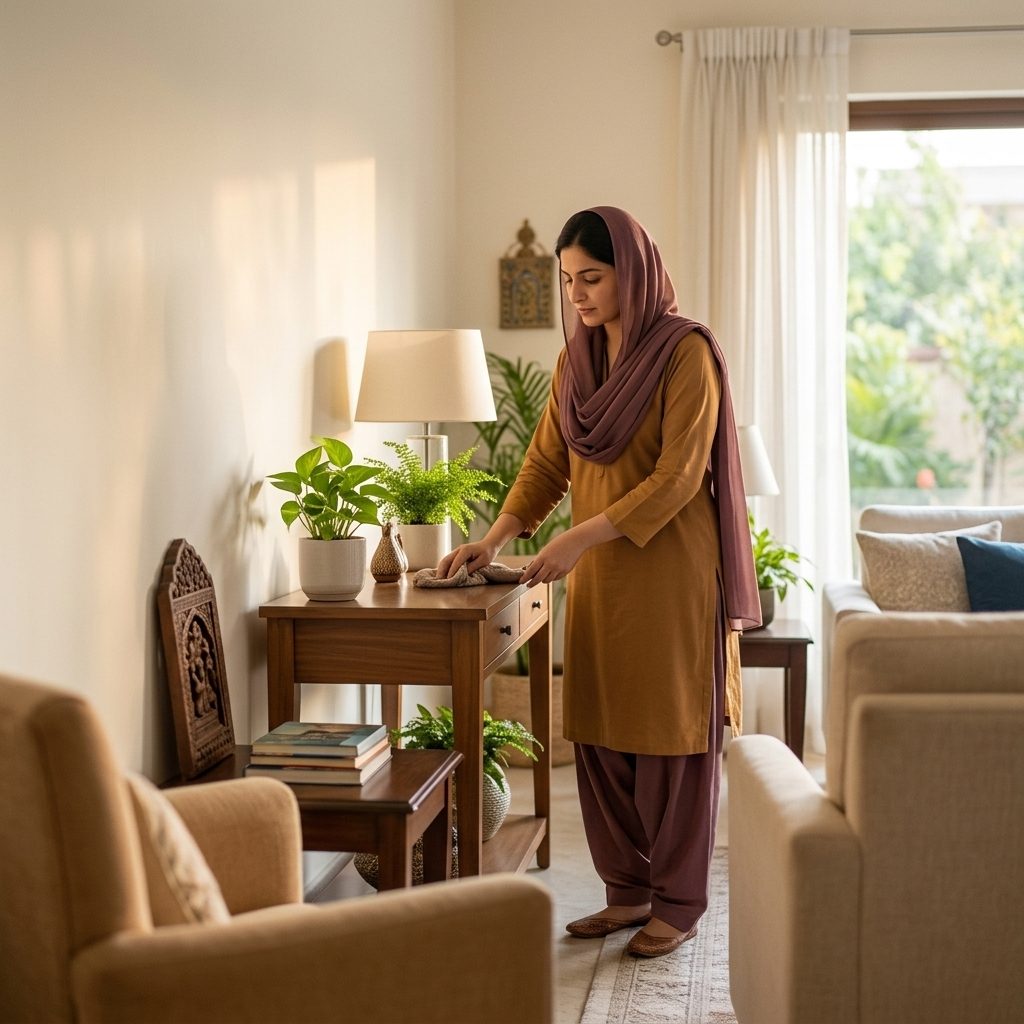 GharSaathi part-time maid tidying a client's home.