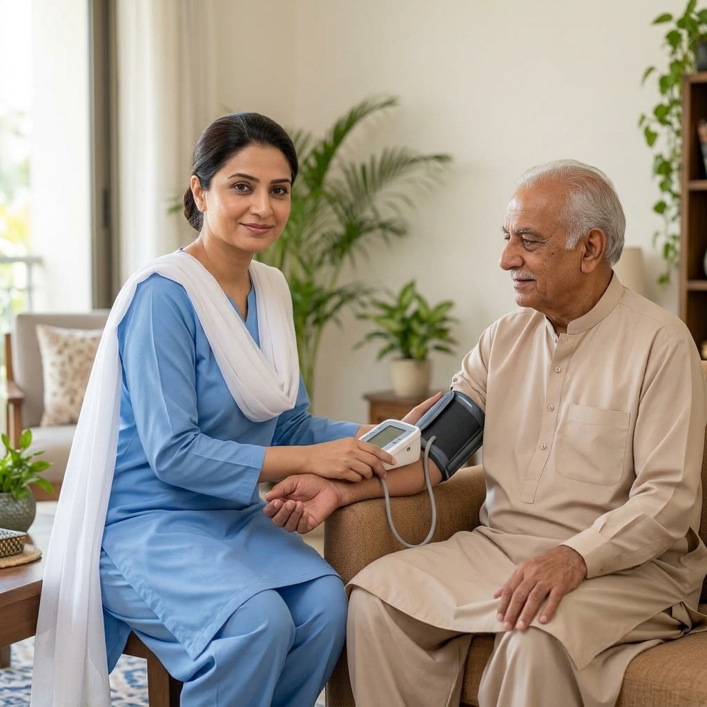 GharSaathi home nurse checking an elderly man's blood pressure